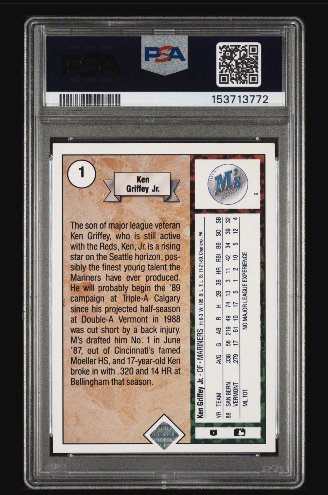 Ken Griffey Jr PSA 6 1989 Upper Deck Star Rookie RC #1 Iconic Card view 2