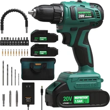 20V Cordless Brushless Power Drill Set with 2 Batteries and Charger, Tool Bag