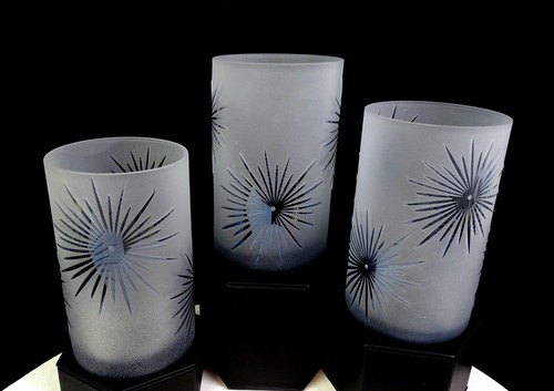 Debi Lilly Frosted Glass Cut Starbright Pattern 3 Piece 5 1/8" Candle Holders