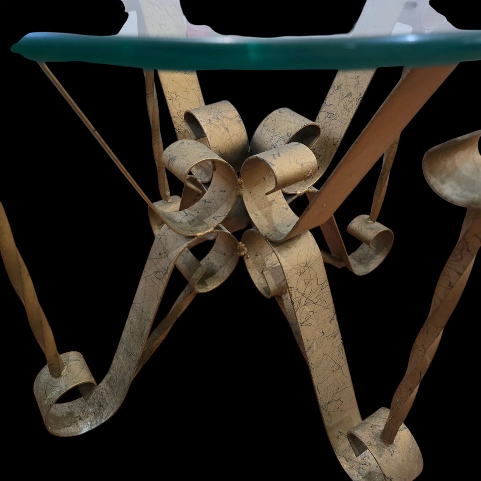 Hollywood Regency Antiqued brass Accent Table Glass Top - Image 2 of 4