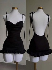 Sexy Tie Strap Mini Dress Backless Ruched Ruffle Hem Slim Fit Vacation Party