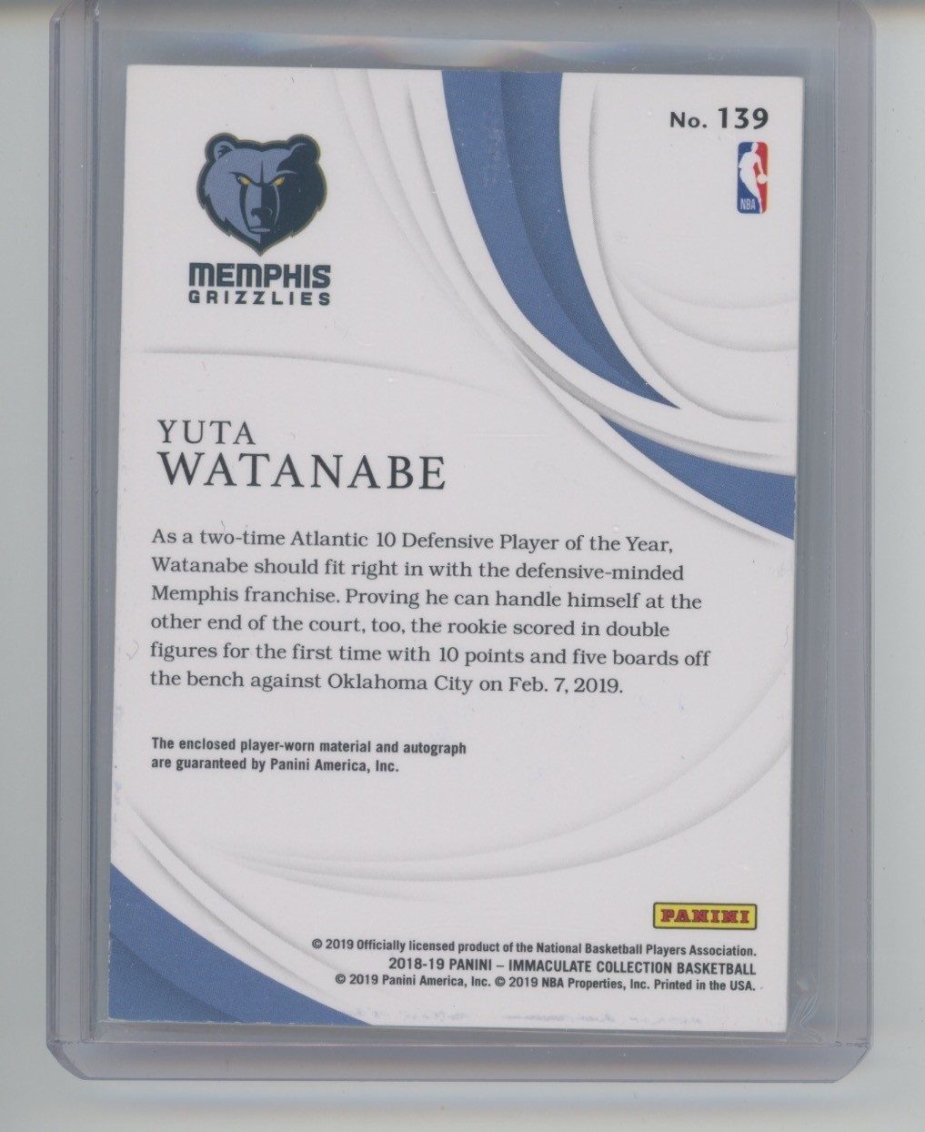 YUKI WATANABE 2018-19 Immaculate JERSEY NUMBER Auto Rookie RC Patch ACETATE /12 view 2