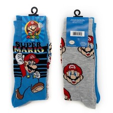 Super Mario Crew Socks Mens Womens Nintendo Video Game Gift 2 Pairs Blue Gray