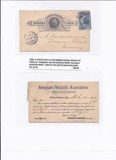 1894 1c POSTAL W/1c COLUMBIAN ADDED MAILED TO TRIER W. GERMANY, ETC.