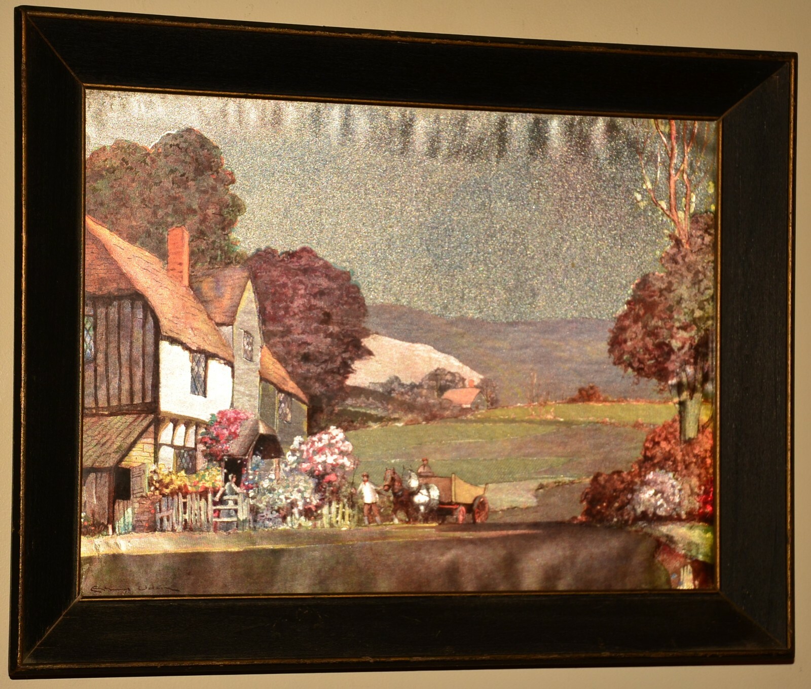 ERNEST UDEN Horse Carriage Mountain Landscape Foil Textile Fabric Lithograph