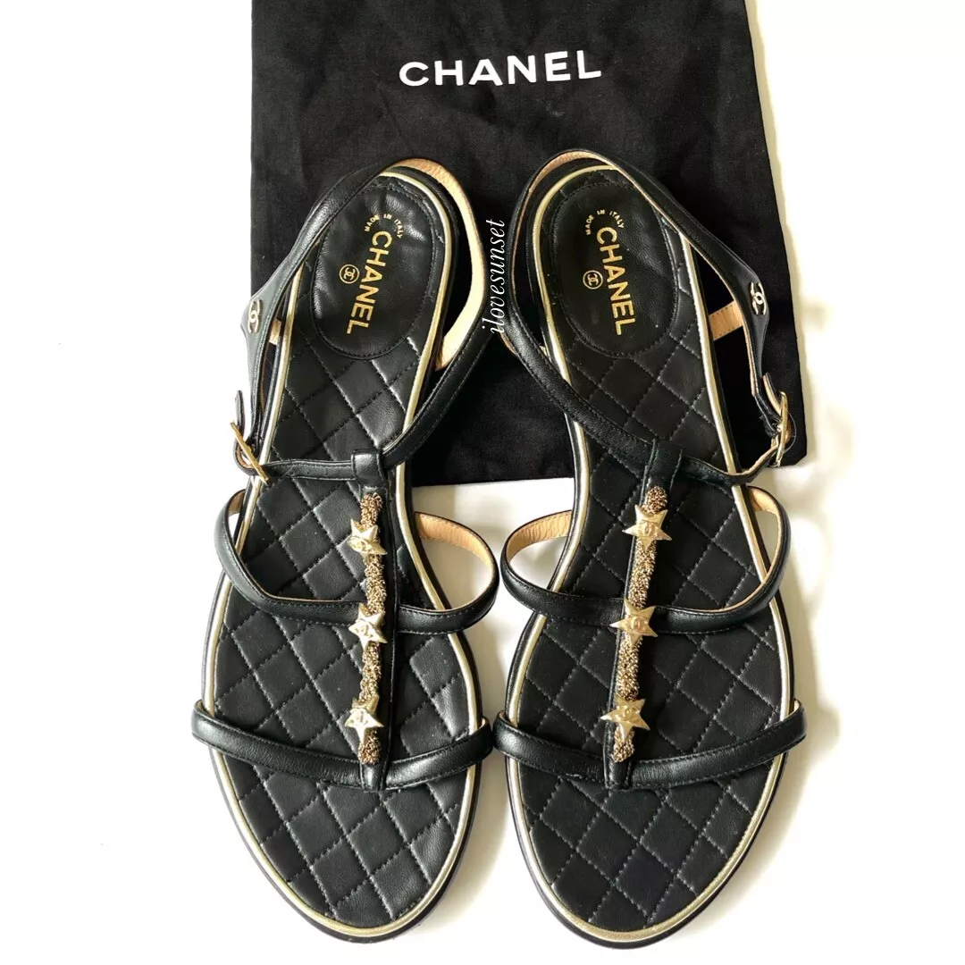 EUC Chanel Star Flat Sandals Black With Gold Logo Size 39.5