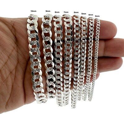 SOLID 925 Sterling Silver DIAMOND CUT Curb Cuban Link Bracelet 2.5MM-10MM ITALY