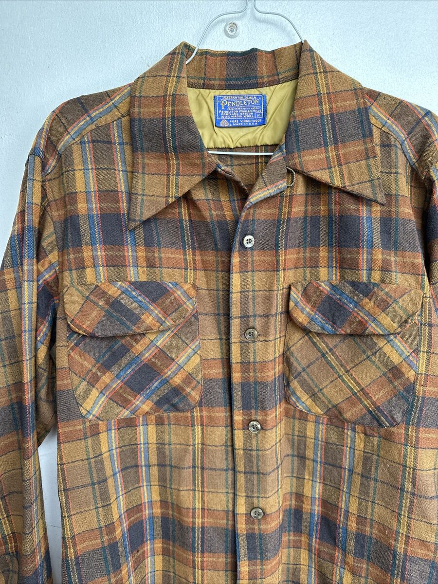mens vintage pendleton wool shirt M made in USA, loop collar, flap pockets, 60s mens vintage pendleton wool shirt M made in USA, loop collar, flap pockets, 60s