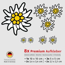 Aufkleber Set 8x PREMIUM Alpen Edelweiss Sticker Bayern UV-Best&auml;ndig Wetterfest