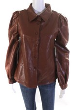 Vici Womens Faux Leather Pleated Long Sleeved Button Down Jacket Brown Size S