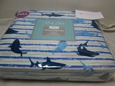 New Sleep Zone Full Sheet Set SHARKS and STRIPES  Blue, Navy, White and Green