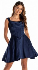 Morilee Damas Navy Blue Satin Fit & Flare Cocktail Party Dress Sz 8 NWT Corset