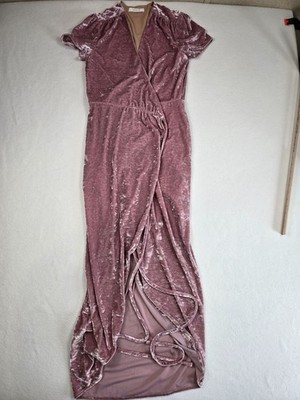 WAYF Roslyn Crushed Velvet Wrap Short Sleeve Midi Dress Dusty Rose Small |  eBay