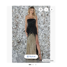 Aleta Two Tone Sequin Long Strapless Prom Dress Black Gold Slit