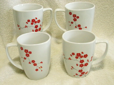4 Corelle Coordinates Hanami Garden Red Flowers Square Porcelain Coffee Mugs