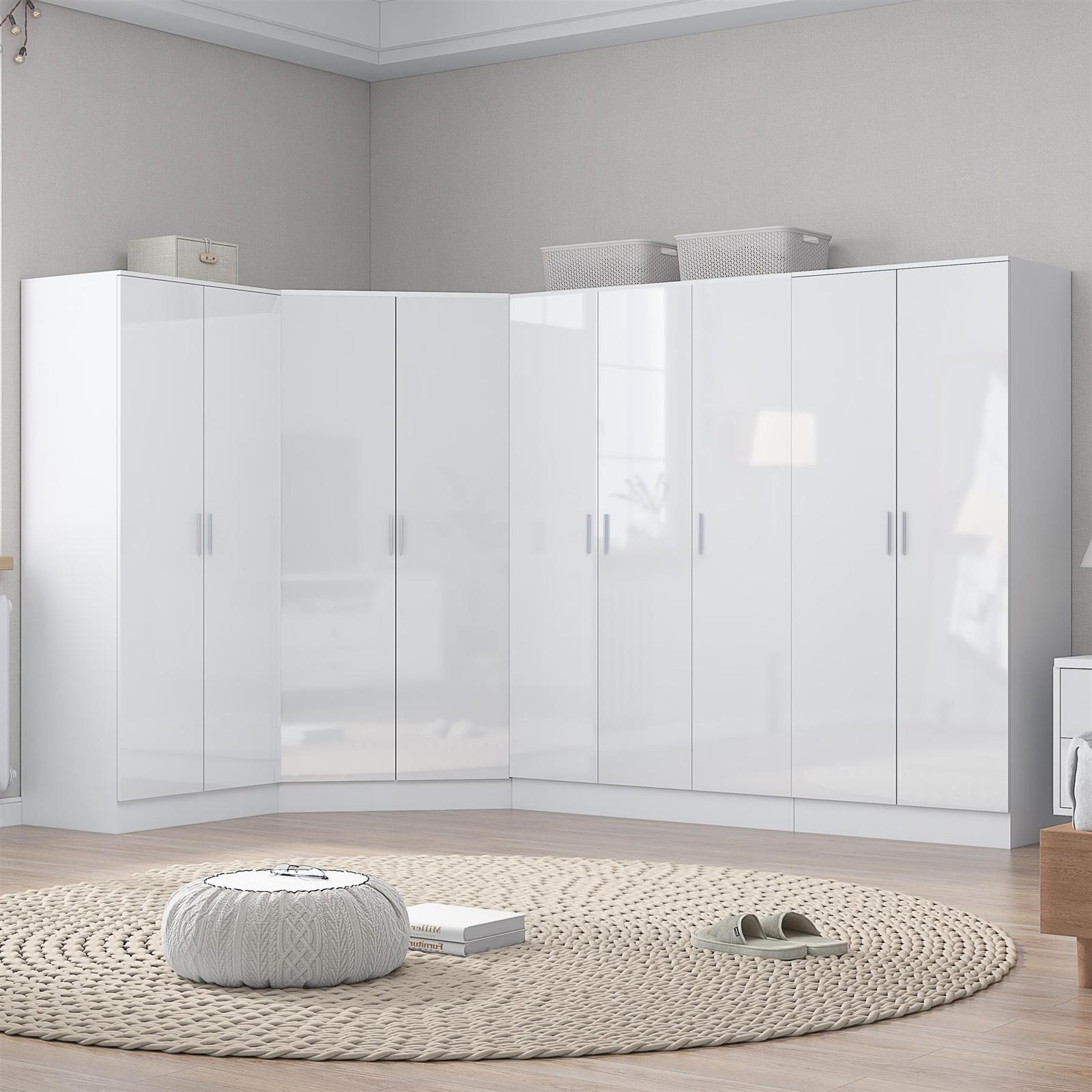 REFLECT 2 Door Corner + 3 Door +  2x 2 Plain Door Wardrobe Bundle - White/White - Image 4