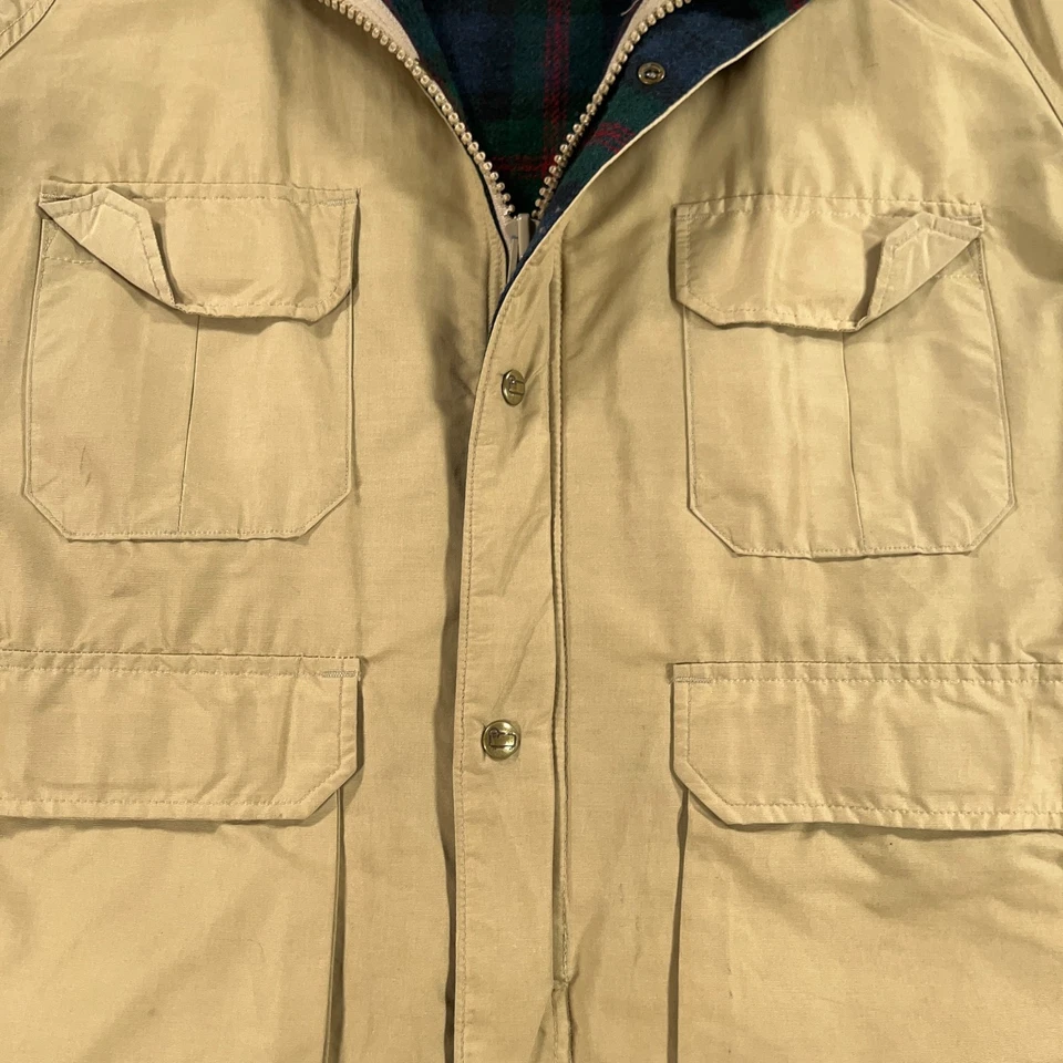Vintage Woolrich Jacket Mens Large Beige Mountain Parka Wool Plaid Lined 80s USA - Image 3 of 4