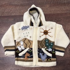 Hand knitted Alpaca Wool Children Zip Up Sweater w/ 3D designs 100 Cotton