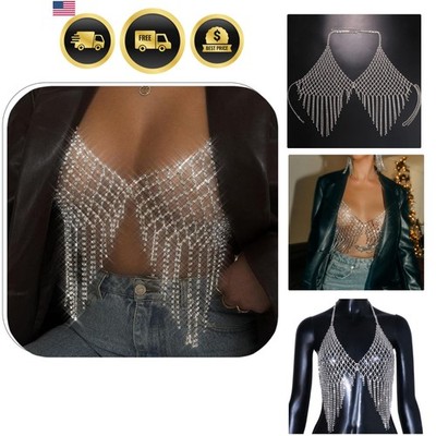 Rhinestone Mesh Body Chain for Women Silver Festival Jewelry Tassel Necklace