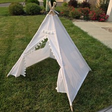 White Canvas Kids Teepee Play Tent w/ Wooden Poles, Window Pom Pom Trim