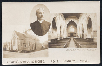 Postkarte Boscombe Bournemouth Dorset Kirche St. John's Vikar Kennedy RP Stanford