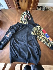 A Bathing Ape Bape 1at Shark Full Zip Black Hoodie Camo Pattern Sz XL - Nice