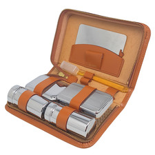 Vintage Mens Grooming Travel Set Leather Case Shaving Kit Chrome Brush