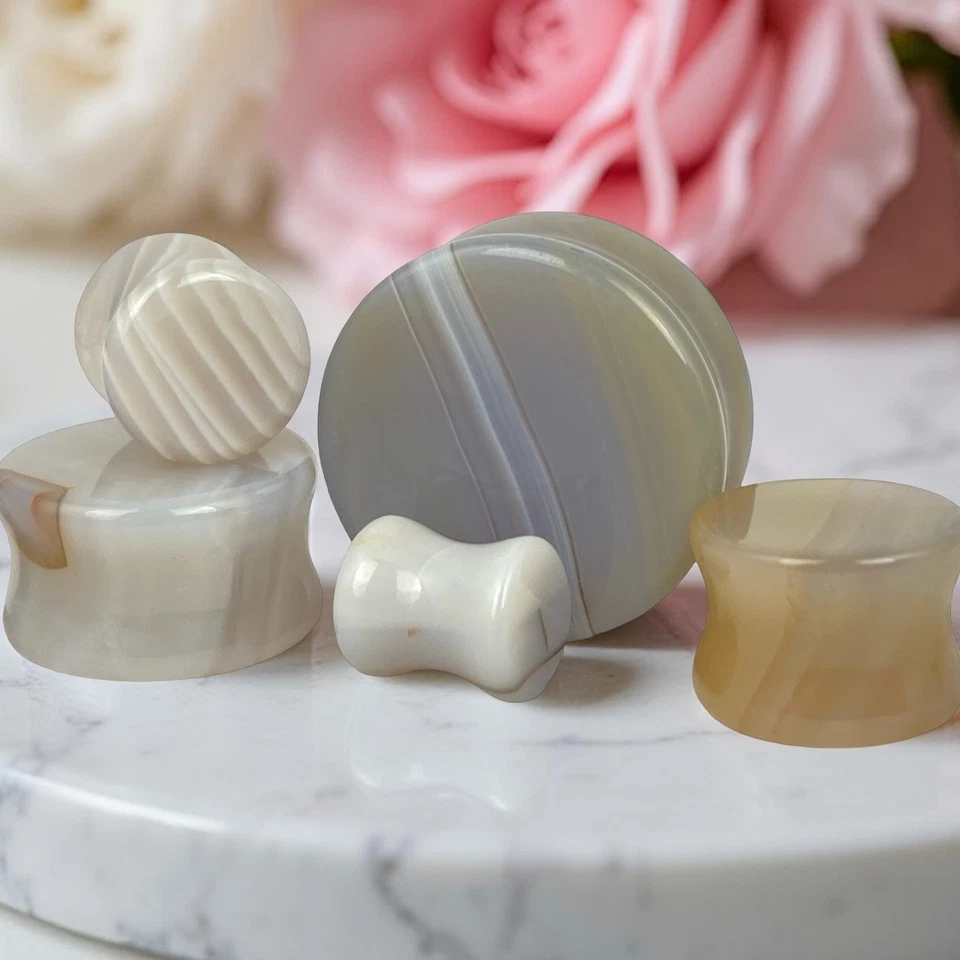 Par de tapones de piedra de ágata gris (STN-692) juego de medidores de oído ELIGE EL TAMAÑO Foto 2 de 4