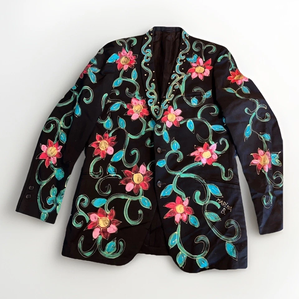 VTG Black Handpainted Blazer by MarinaB Wearable Art Indie Unisex Jacket 40R M/L - Image 3 of 4