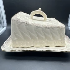 Vintage Covered Cheese Keeper Large Ceramic Beige With Gold Colored Gilded Trim