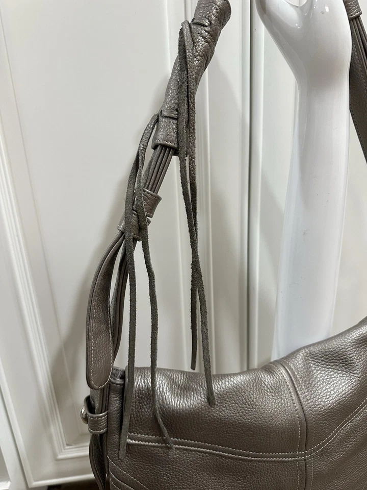 BOTKIER Silver Taupe Bohemian Leather Hobo Shoulder Bag with Tassels - Image 3 of 4