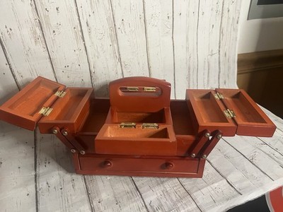 VTG Wooden Sewing Box Tabletop Accordion Fold Out Compartments Handle Red Orange