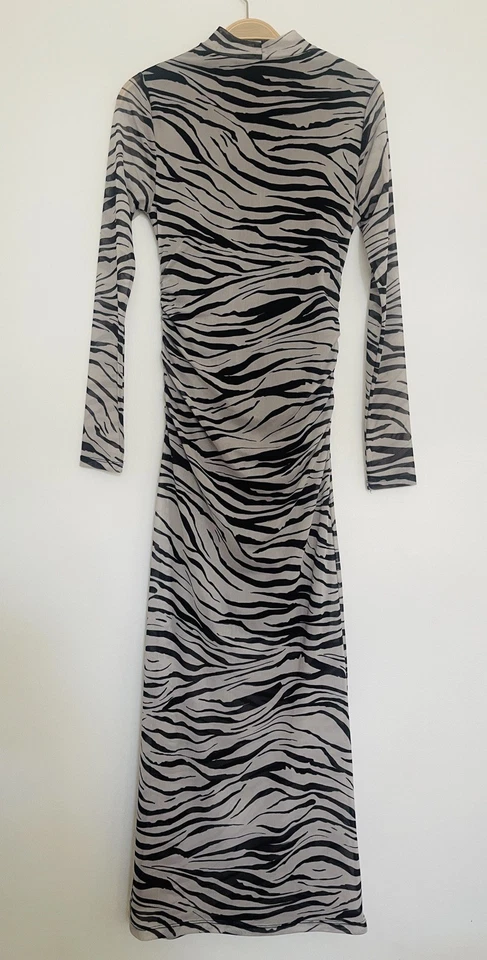 H&M DIVIDED Grey Black Zebra Print Slim Fit Draped Stretch Mesh Long Dress UK S - Image 2 of 4