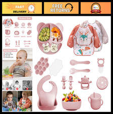 14-Pc Silicone Baby Feeding Set - Suction Bowl, Divided Plate, Spoons Forks, B