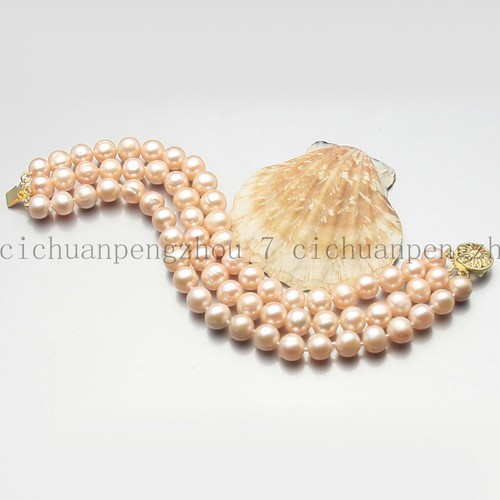 Beautiful 3 Rows Natural 7-8mm Pink Freshwater Pearl Bracelet 7.5'' - Picture 3 of 3