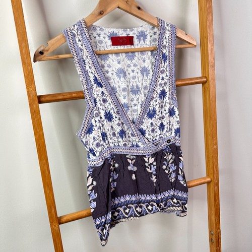 Tigerlily Sleeveless Top Womens 6 Blue Floral Print V-Neck Wrap Rayon - Picture 2 of 9