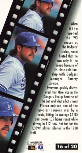 1994 Fleer Extra Bases Second Year Star Mike Piazza Los Angeles Dodgers #16 - Picture 2 of 2