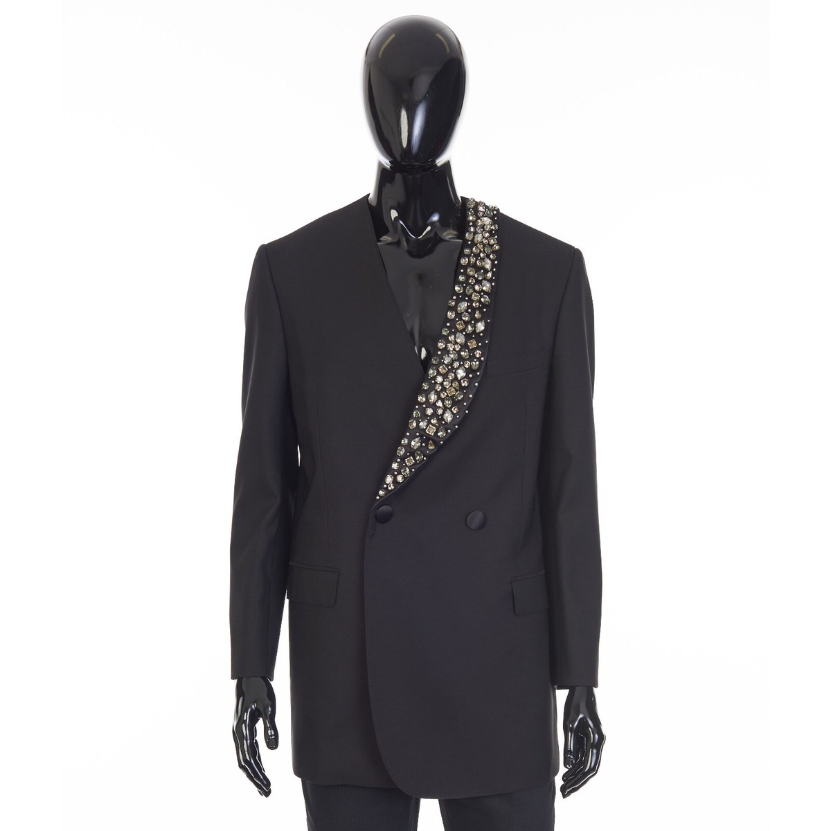 CELINE 5450$ Black Boxy Tux Jacket - Stone/Stud Embroidery, Grain