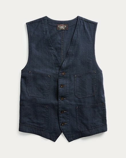 Double RL RRL Ralph Lauren Waistcoat mens SZ L Vest indigo blue Wool linen slim