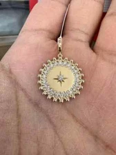 1.50Ct Round Real Moissanite North Star Medallion Pendant 14K Yellow Gold Plated