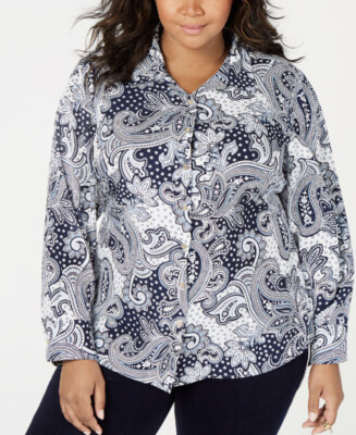 New Tommy Hilfiger Plus Size 1X Paisley Button Tie Waist Shirt Blouse Blue White