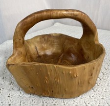 Hand Carved VTG BURL WOOD Basket Handled Tree Root Boho Folk Art Primitive Bowl