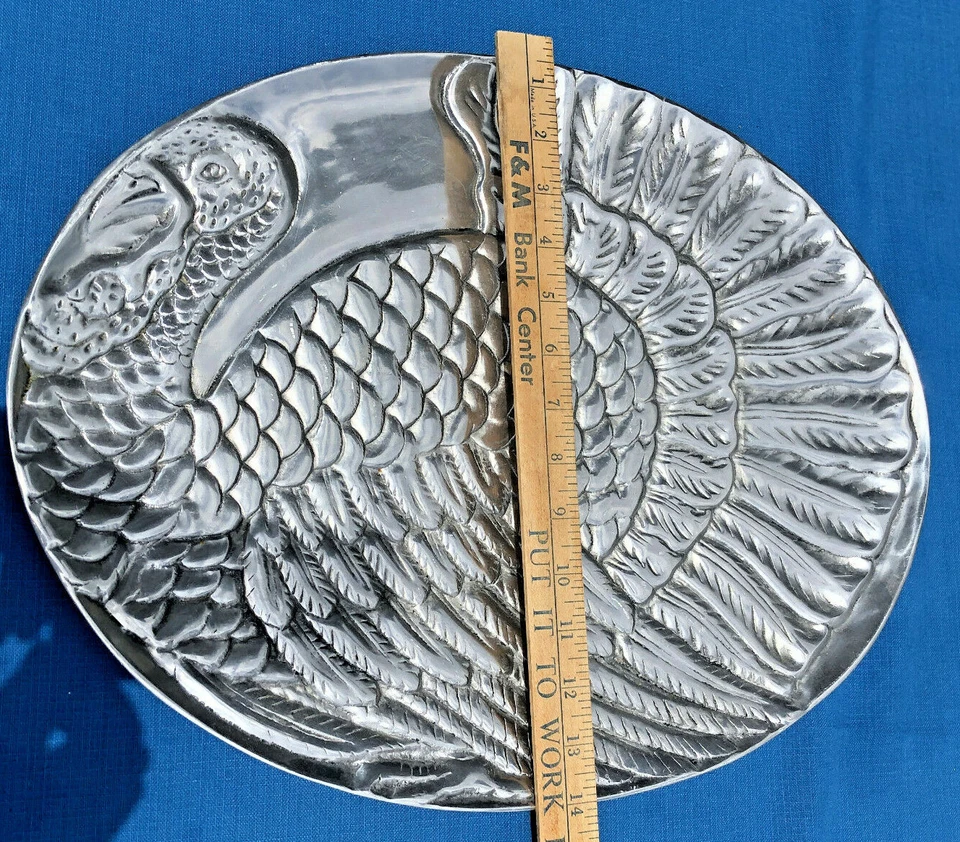 HUGE PEWTER THANKSGIVING TURKEY PLATTER TRAY SERVER HANDMADE, 14 X 18" LEAD FREE - Image 3 of 4