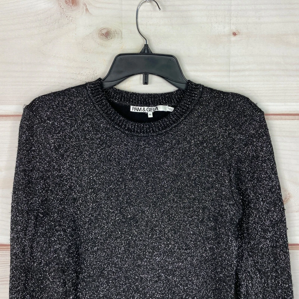 Vestido Pam & Gela Para Mujer M Negro Brillo Mini Suéter Manga Larga Cuello Redondo Tejido Foto 2 de 4