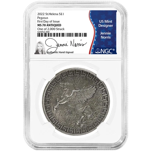 2022 £1 St. Helena "Jennie Norris" Silver Pegasus Antique Finish NGC MS70 FDI...