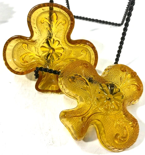 (2) Tiara Indiana Amber Glass Depression Shamrock 3 Leaf Clover Shaped Dish