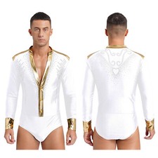 Men Bodysuit Training Dancewear Competition Leotard Metallic Activewear Shiny