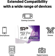 Silicon Power 128GB Micro SD Card U3 SDXC up to 100Mb/S High Speed Memory Card.