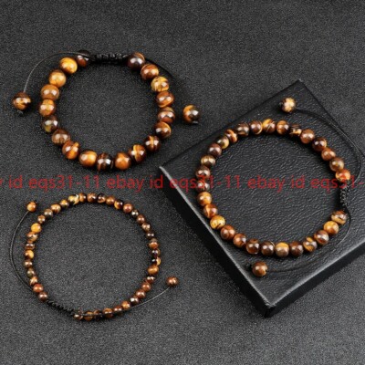  Natural Tiger Eye Stone Bracelet 4/6/8mm Round Beads Braided String Bracelets