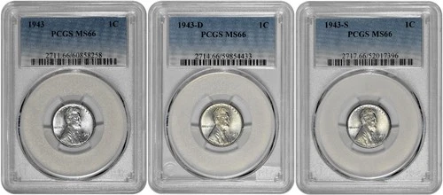 1943 P D S 1c Lincoln Steel Wheat Cent PCGS Graded MS 66 Three Coin Lot